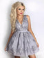 Silver Grey Lace Appliqued Homecoming Dresses V Neck Cheap Short Prom Dress ARD1493