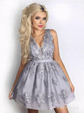 Silver Grey Lace Appliqued Homecoming Dresses V Neck Cheap Short Prom Dress ARD1493-SheerGirl