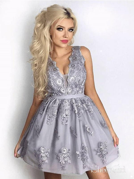 short grey lace dress Silver Grey Lace Appliqued Homecoming Dresses V Neck Cheap Short Prom Dress  ARD1493