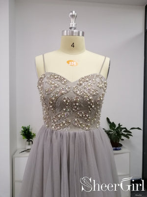 Silver Grey Sweet Heart Neckline Beaded Bodice Tulled Skirt Prom Dresses ARD2515-SheerGirl