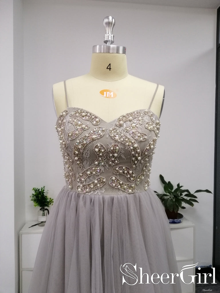 Silver Grey Sweet Heart Neckline Beaded Bodice Tulled Skirt Prom Dresses ARD2515-SheerGirl