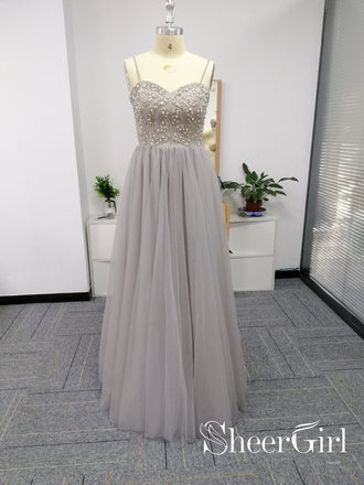 Silver Grey Sweet Heart Neckline Beaded Bodice Tulled Skirt Prom Dresses ARD2515-SheerGirl