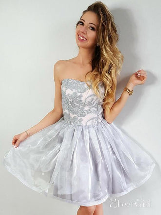 Silver Jacquard Strapless Homecoming Dress A Line Organza Knee Length Hoco Dress ARD1685-SheerGirl