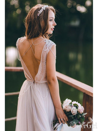 Silver Long Tulle Boho Wedding Dresses Cap Sleeve Rustic Wedding Dress AWD1346-SheerGirl