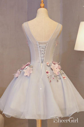 Silver Organza Mini Homecoming Dresses Appliqued Corset Hoco Dress ARD1530-SheerGirl