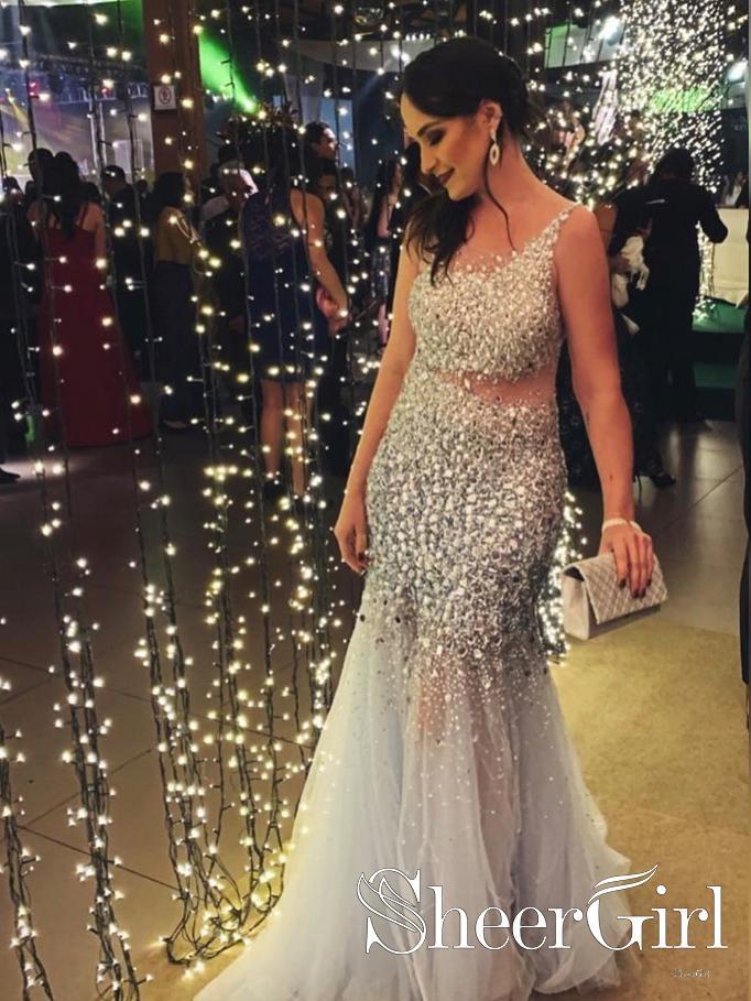Silver Sequins Luxurious See Through Party Dress Backless Mermaid Long Prom Dress ARD2525-SheerGirl