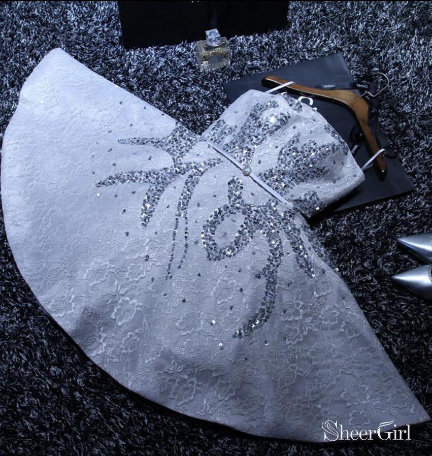 Silver Strapless Mini Lace Homecoming Dresses Shiny Sequin Homecoming Dress ARD1517-SheerGirl