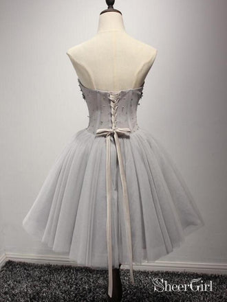 Silver Tulle Homecoming Dresses Strapless Beaded Short Prom Dress ARD1516-SheerGirl