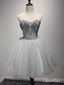 Stříbrné tylové šaty pro návrat domů bez ramínek Krátké plesové šaty s korálky ARD1516 