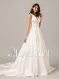 Simple A Line Beaded Wedding Dresses V Neck Cream White Satin Bridal Gowns AWD1006-SheerGirl