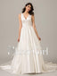 Jednoduché svatební šaty s korálky ve tvaru A, výstřih do V, bílé saténové svatební šaty AWD1006 