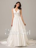 Simple A Line Beaded Wedding Dresses V Neck Cream White Satin Bridal Gowns AWD1006-SheerGirl