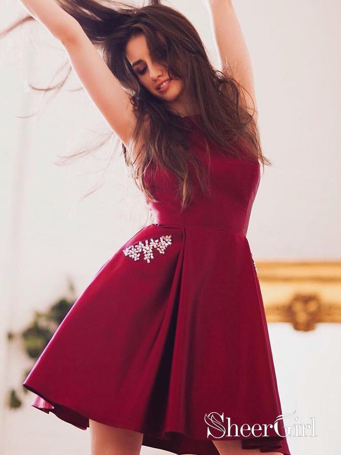 Simple Burgundy Homecoming Dresses with Pocket Cheap Graduation Dress ARD1582-SheerGirl