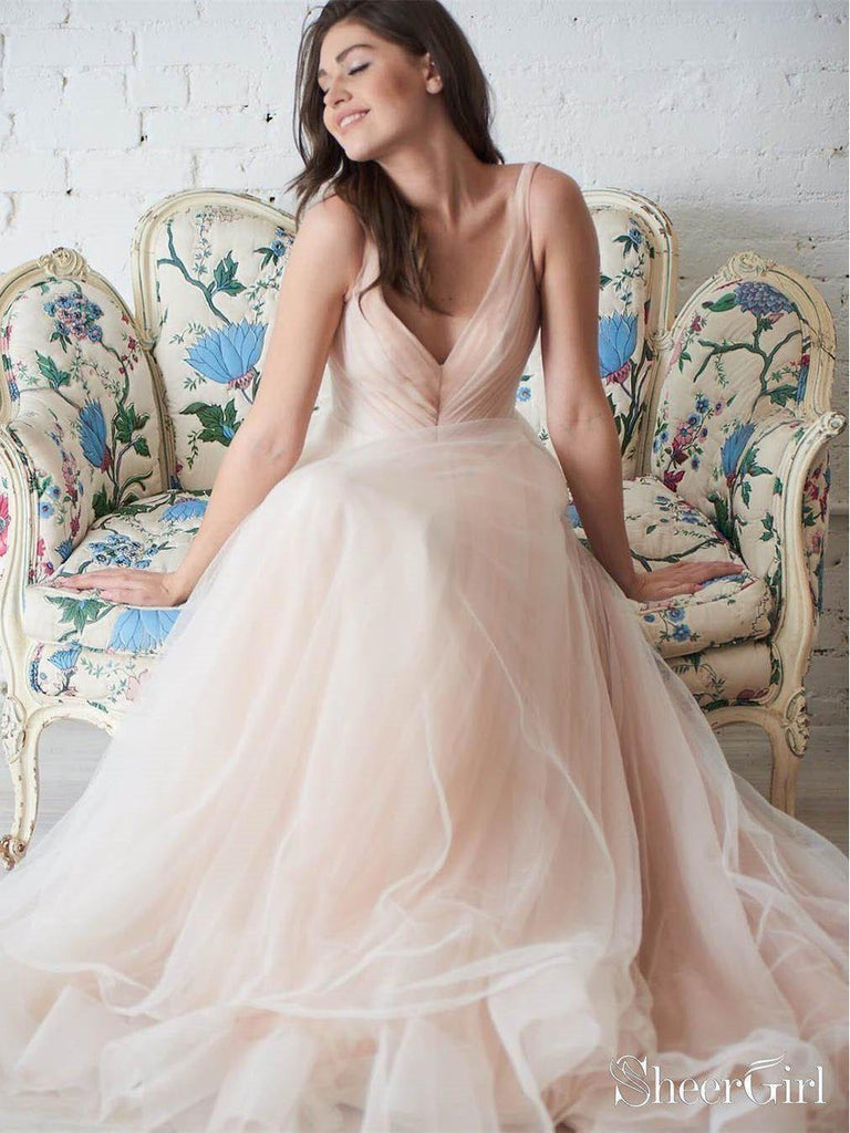 Simple Champagne Tulle Ball Gown Wedding Dresses Plus Size Bridal Dress AWD1312-SheerGirl