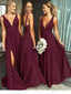 Vestidos de dama de honor largos y baratos, sencillos, con escote en V y abertura, vestido Formal PB10108 