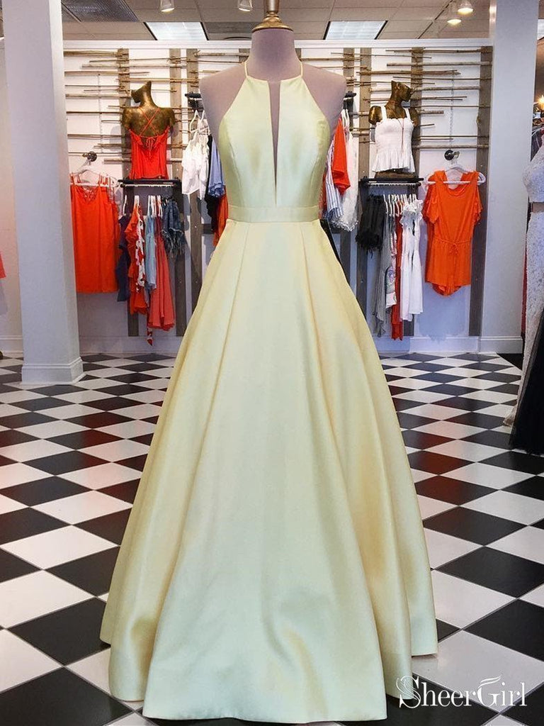 Simple Elegant Satin Halter Long Prom Dresses with Pockets ARD1873 Simple Elegant Satin Halter Long Prom Dresses with Pockets ARD1873