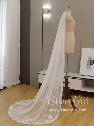 Simple Floral Lace Chapel Train Veil Bridal Veil Wedding Veil ACC1195-SheerGirl