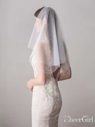 Simple Ivory Tulle Wedding Veil Waist Length with Pearls ACC1047-SheerGirl