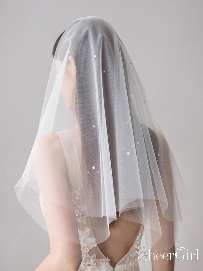 Simple Ivory Tulle Wedding Veil Waist Length with Pearls ACC1047-SheerGirl