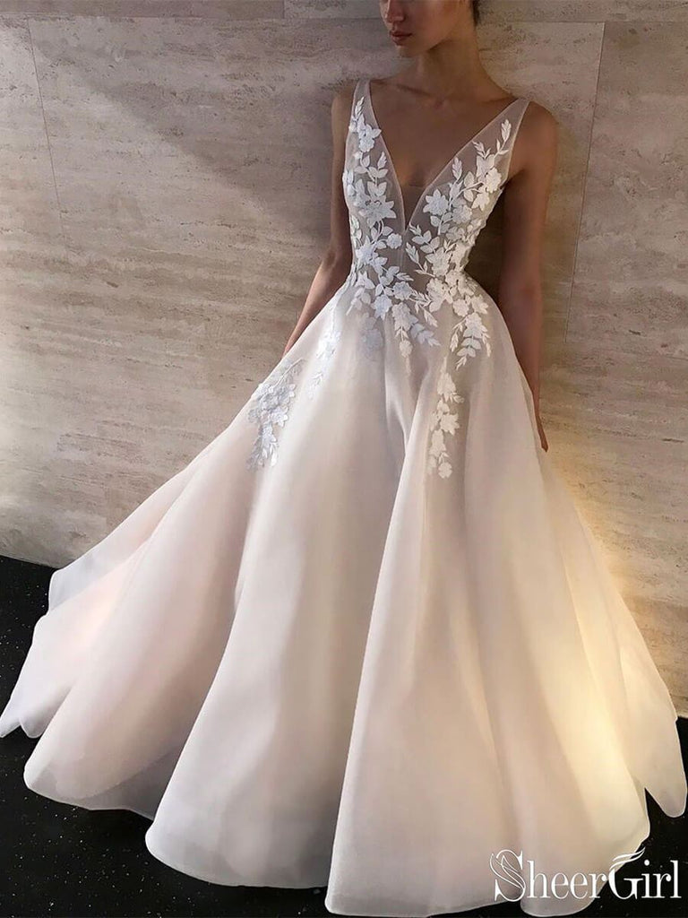 Simple Modest Embroidered Wedding Dresses V Neck Wedding Gown AWD1344 Simple Modest Embroidered Wedding Dresses V Neck Wedding Gown AWD1344