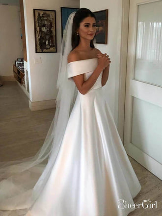 Simple Modest Ivory Off the Shoulder Wedding Dresses AWD1323-SheerGirl