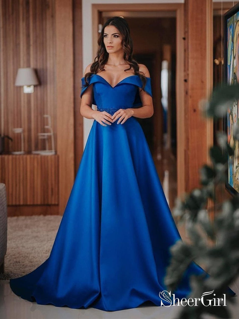Royal Blue Satin Ball Gowns Quinceanera Dresses V Neck Off-the-shoulde –  alinanova