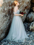 Simple Off the Shoulder Wedding Dresses Champagne Tulle Weding Gown AWD1341-SheerGirl