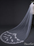 Simple One Tier White Cathedral Veils with Lace Train ACC1070-SheerGirl