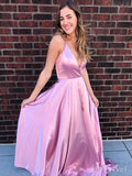 Simple Pink Deep V-neck Prom Dresses Spaghetti Strap Dresses ARD2159-SheerGirl