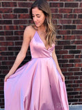 Simple Pink Deep V-neck Prom Dresses Spaghetti Strap Dresses ARD2159-SheerGirl