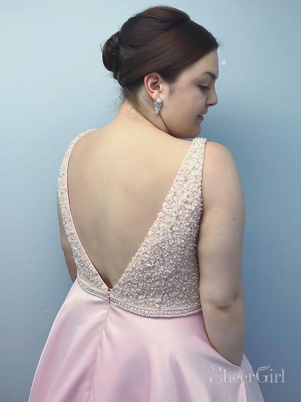 Simple Pink Long Prom Dresses with Pockets Beaded Plus Size Prom Dress ARD2056-SheerGirl