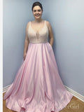 Simple Pink Long Prom Dresses with Pockets Beaded Plus Size Prom Dress ARD2056-SheerGirl