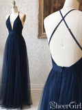 Simple Prussian V-neck Bridesmaid Dresses Backless Tulle Evening Dress ARD2398-SheerGirl