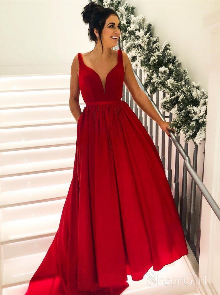 Simple Red Long Prom Dresses with Pocket V Neck Cheap Prom Dress ARD2060-SheerGirl