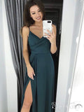 Simple Satin Evening Gown Spaghetti Straps Prom Dress with Pleats and High Slit ARD2501-SheerGirl