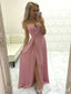Simple Satin Evening Gown Spaghetti Straps Prom Dress with Pleats and High Slit ARD2501