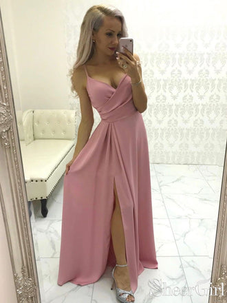 Simple Satin Evening Gown Spaghetti Straps Prom Dress with Pleats and High Slit ARD2501-SheerGirl