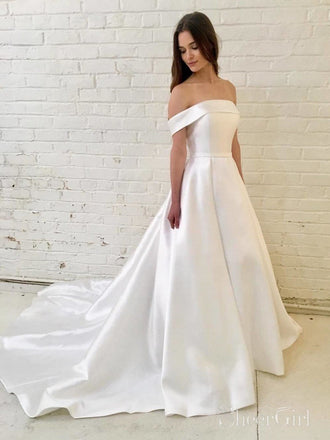 Simple Satin Wedding Dresses Off the Shoulder Wedding Gown AWD1507-SheerGirl