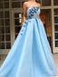 Jednoduché nebesky modré plesové šaty s kapsami Promové šaty s motýlkovou aplikací ARD2111 