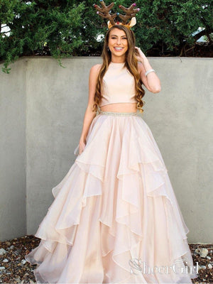 Simple Two Piece Prom Dresses Long Halter Champagne Prom Dresses APD3149-SheerGirl