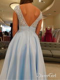Simple V-Neck A Line Lace Sky Blue Prom Dresses for Junior Cap Sleeve APD3327-SheerGirl
