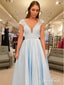 Simple V-Neck A Line Lace Sky Blue Prom Dresses for Junior Cap Sleeve APD3327
