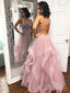 Simple V Neck Dusty Rose Long Prom Dresses with Straps and Ruffle Skirt ARD2109