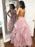 Simple V Neck Dusty Rose Long Prom Dresses with Straps and Ruffle Skirt ARD2109-SheerGirl