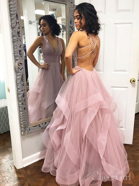 Simple V Neck Dusty Rose Long Prom Dresses with Straps and Ruffle Skirt  ARD2109