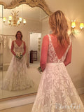 Simple V Neck Lace Wedding Dresses Backless Bridal Dress AWD1448-SheerGirl