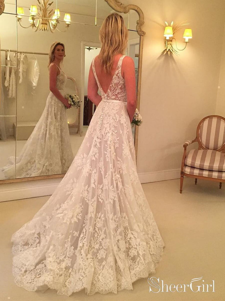 Simple V Neck Lace Wedding Dresses Backless Bridal Dress AWD1448 SheerGirl Simple V Neck Lace Wedding Dresses Backless Bridal Dress AWD1448 SheerGirl