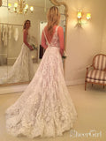 Simple V Neck Lace Wedding Dresses Backless Bridal Dress AWD1448-SheerGirl