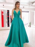 Simple V Neck Long Prom Dresses with Pocket Backless Military Ball Gown ARD2084-SheerGirl