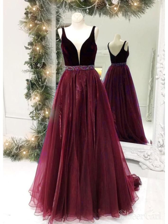 Simple V Neck Maroon Organza Prom Dresses with Slit and Velvet Top ARD2133-SheerGirl